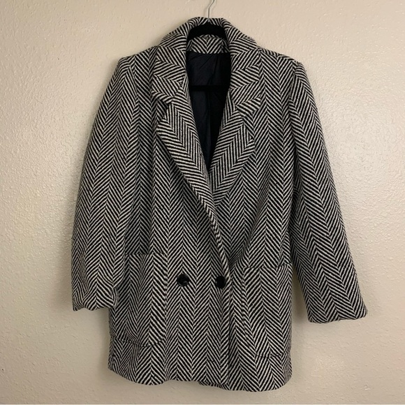 Vintage Black White Avon 100% Wool Herringbone Print Jacket Size 9/10 - Picture 2 of 6